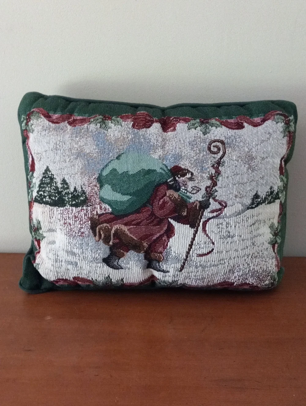 Holiday Santa Tapestry Decorative Pillow - Green and Red